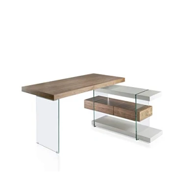 Abbildung von Angel CERDÁ Eckschreibtisch. Walnussholz mit Schublade und Regalen. Perlgrau lackiertes Holz. Seitenteile aus gehärtetem Glas. L förmiger Schreibtisch