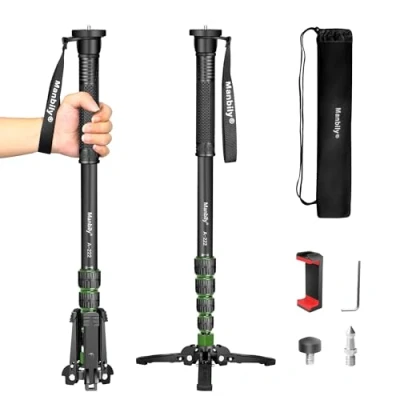 Abbildung von Ausziehbares Kamera Einbeinstativ Manbily aus Aluminium mit Füßen, tragbarer Reise und abnehmbarer Stativfuß für DSLR Canon/Sony/Handy, 5 Abschnitte bis zu 170 cm, maximale Belastung 15,5 lbs (A 222)