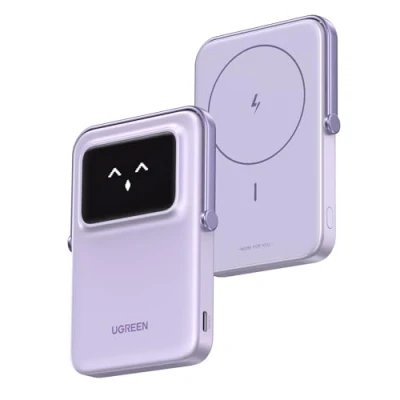 Abbildung von UGREEN UNO Wireless Power Bank 5000mAh Magnetische Powerbank mit faltbarem Ständer und TFT Display, 20W USB C schnellladen, 7.5W MagSafe kompatibl iPhone 12 16 Serie (Lila)