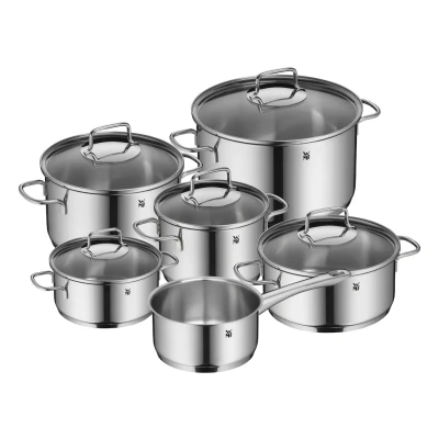 Abbildung von WMF Topf Set &quot;Astoria&quot;, Cromargan Edelstahl Rostfrei 18/10, (Set, 11 tlg., 2x Bratentopf mit Deckel, 3x Kochtopf 1x Stielkasserolle), teilig, hochglanzpoliert, Schüttrand, TransTherm Allherdboden