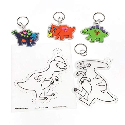 Abbildung von Baker Ross Schlüsselanhänger aus Schrumpffolie „Dinosaurier“ (8 Stück) Weißes für Kinder zum Malen und Schmücken