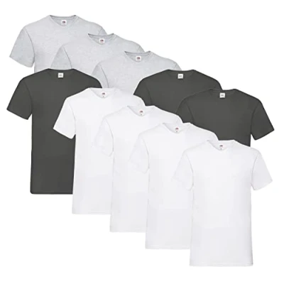 Abbildung von Fruit of the Loom Herren V Neck Valueweight T Shirt (10er Pack) (M, 4X Weiss, 3X Grau, Graphit + 1 HLKauf Block)