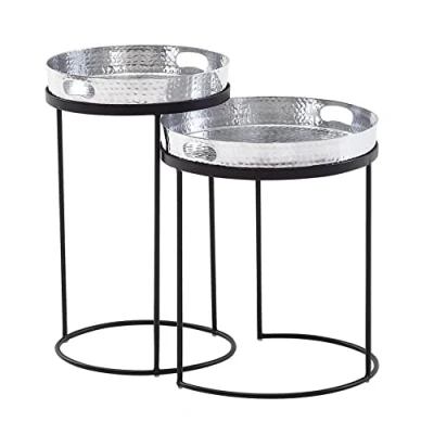 Abbildung von FineBuy Beistelltisch 2er Set Metall Hammerschlag Satztisch Rund, Couchtisch abnehmbares Tablett, Tabletttisch Sofa 2 teilig Modern, Runder Sofatisch
