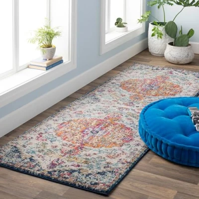 Abbildung von Surya Asmara Vintage Teppich orientalischer Wohnzimmer, Esszimmer, Schlafzimmer Boho Teppich, Kurzflor für einfache Pflege Groß 120x170cm in Hellbeige