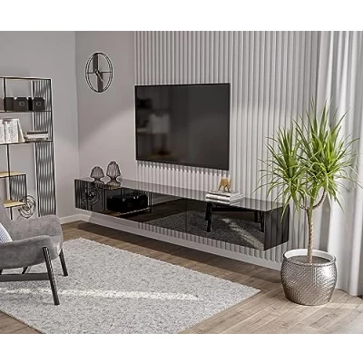 Abbildung von 270 cm Schwarz Hochglanz TV Lowboard Board Hängend Hängeschrank Wohnwand Möbel Fernsehschrank Fernsehtisch Sideboard HiFi 270x35x40 Holzwerkstoff
