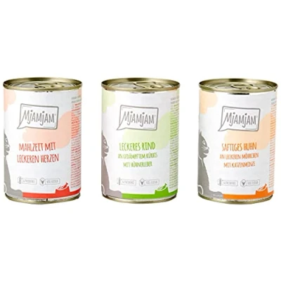 Abbildung von MjAMjAM Premium Nassfutter für Katzen Mixpaket I Huhn, Rind, Herzen, 6er Pack (6 x 400 g), getreidefrei mit extra viel Fleisch