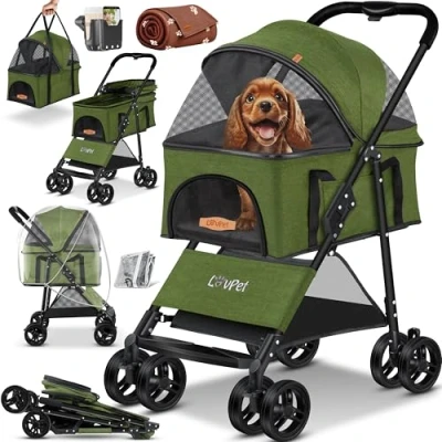 Abbildung von LOVPET® Hundewagen 2in1 Hundebuggy Hundebox Transporttasche Faltbar klappbar bis 20kg Haustiere Buggy mit Netzfenstern Getränkehalter, Regenschutzabdeckung &amp; Kuscheldecke Jogger für
