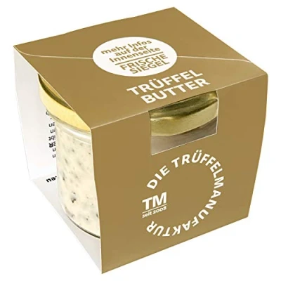 Abbildung von die Trüffelmanufaktur Feinkost Trüffelbutter mit 15% echtem frischen schwarzem Trüffel, Delikatesse für Feinschmecker, weiße Trueffel Butter im Glas á 95 g