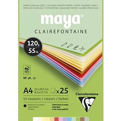 Abbildung von Clairefontaine 975332C Malblock verleimt mit 25 Blatt Maya Zeichenpapier, glatt 21x29,7 cm 120g, Pastell farbig sortiert (12 Farben + 1 weiß )