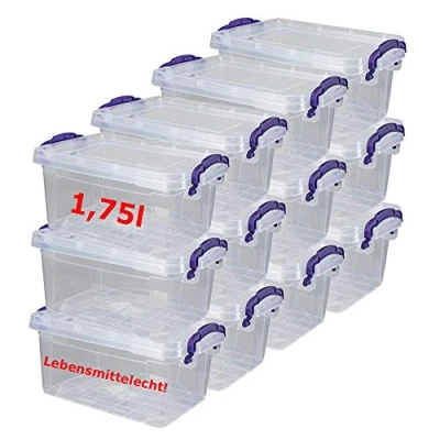 Abbildung von DIES&amp;DAS Stapelbare Aufbewahrungsbox Lagerbox mit Deckel und Griffen, 12 Stück, je 1,75 Liter, 9,5 x 21,5 14,5 cm, Lebensmittelecht