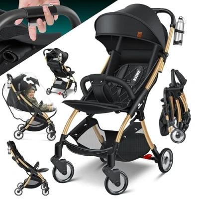 Abbildung von KIDIZ® Kinderwagen Premium Kinderbuggy klappbar Liegebuggy Sportwagen Faltbar 360Räder 5 Punkt Gurt Inkl. Getränkehalter &amp; Regenabdeckung, verstellbare Rückenlehne Sonnenverdeck Champagne