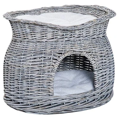 Abbildung von PawHut Tierhaus Katzenhaus mit Liegedach Haustierbett aus Wasserhyazinthe, Grau, 56L x 37B 40H cm