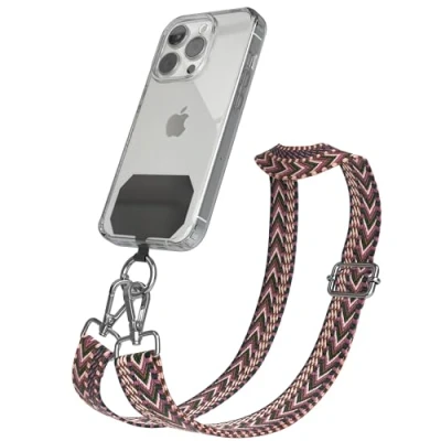 Abbildung von EAZY CASE Handykette Universal zum Umhängen kompatibel mit jedem Handy Kette Hülle kombinierbar Handykordel Karabiner für Handyhülle Handyband Bunt Boho Kordel Pink Rosa Silber