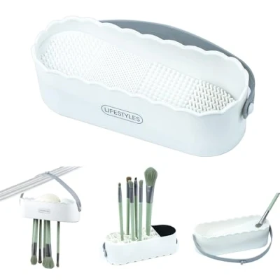 Abbildung von Make up Pinsel Reinigungsmatte, 4 in 1 Silikon Pinselreiniger zum Reinigen, Trocknen und Aufbewahren, Tragbare Makeup Reinigung für Kosmetikpinsel Schwamm (Weiß)