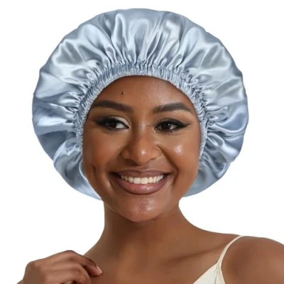 Abbildung von Hat Hut Seidenhaube Satin Bonnet Schlafhaube Einstellbare Seidenmütze Doppellagig Silk Schlafmütze für Damen (Grau Blau/Schwarz)