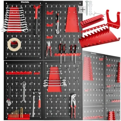 Abbildung von tectake® Werkzeug Lochwand aus Metall, 160 x 60 2 cm, Werkzeugwand Lochplatte, inkl. Werkzeughalter Set Haken und Halterungen, Wandregal Regalsystem für Werkbank, Garage, Werkstatteinrichtung 4tlg