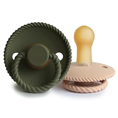 Abbildung von FRIGG Rope Schnuller 2 Packung Latex BPA Frei Hergestellt in Dänemark Symmetrischer Sauger Kirschform (Croissant/Olive, Größe (6 18 Monate))