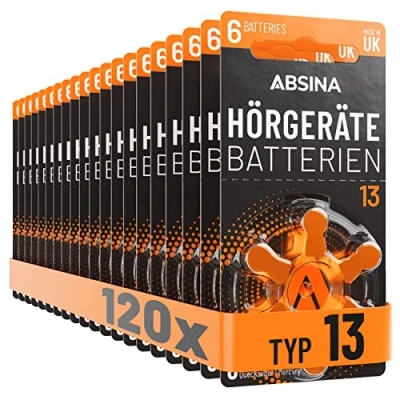 Abbildung von ABSINA Hörgerätebatterien 13 120 Stück mit gut greifbarer Schutzfolie Hörgeräte Batterien Zink Luft 1,45V Typ Orange PR48 ZL2 P13