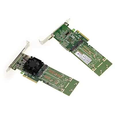 Abbildung von KALEA INFORMATIQUE M2 PCIe 3.0 x8 Controller Karte für 4 M.2 NVMe M Key SSDs. Chipsatz PLX PEX 8747.