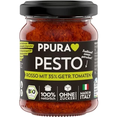 Abbildung von PPURA Bio Pesto Rosso mit 35% Sonnengetrockneten Tomaten Rotes Parmigiano Reggiano &amp; nat. Olivenöl Extra Nudel Soße Made in Italy 100% Natürlich Ohne Zusatzstoffe 120g Glas