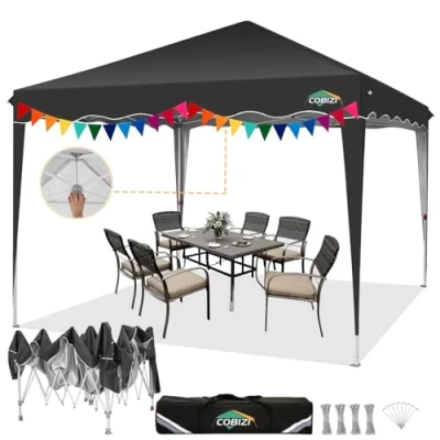 Abbildung von COBIZI Faltpavillon 3x3 Pop Up Pavillon Wasserdicht Stabil One Push UV Schutz Outdoor Partyzelt Wellige Traufe Festzelt Zelt Gartenpavillon Pavillion Klappbar 3x3m Mit Tragetasche, Schwarz