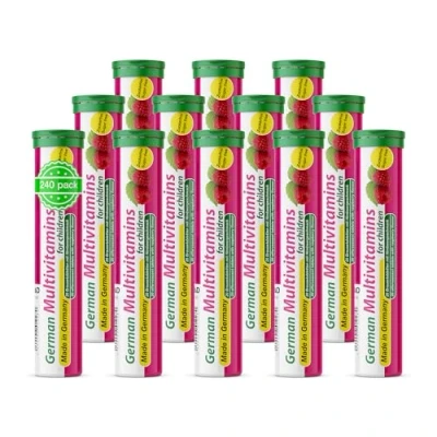 Abbildung von Multivitamin Brausetabletten Für Kinder 12x20 Stk. Süßer Himbeergeschmack Vitamin C, E, B1, B2, B6, B12, Folsäure, Niacin T&amp;D Pharma German for Children Made in Germany