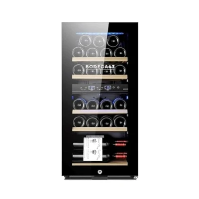 Abbildung von BODEGA43 22 Weinkühlschrank klein 2 Zonen, Weinflaschen, 5 20 ºC, 60 Liter, Geräuscharm (41 dB), Schubladen aus Buchenholz, Kompressor mit Lüfterkühlung
