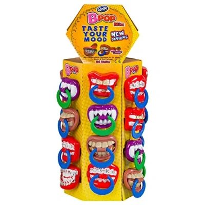 Abbildung von Display mit 24 Lutschern schrecklichen Zähnen WOM BPOP Mix Tower Taste Your Mood Schnuller Lutscher verschiedenen witzigen Designs, Stück (360 g)