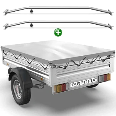 Abbildung von Tarpofix® Anhängerplane 2075x1140 mm + 2X Planenbügel Anhänger Plane Flachplane aus PVC PLANENMATERIAL Verstärkte Stema für 750kg PKW Hänger Abdeckplane Flachplanenbügel Grau