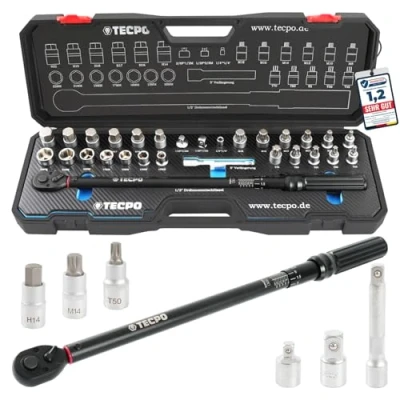 Abbildung von TECPO Drehmomentschlüssel Set 1/2&quot; Zoll, 50 350 Nm, 72 Zähne Mechanik, kalibriert, hohe Präzision von ±3%, im Systemkoffer, Schlüssel Bit Verlängerung Nuss für Reifen, Montage, Auto, Motorrad, LKW