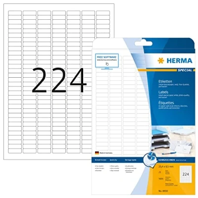 Abbildung von HERMA 8830 Universal Etiketten für Inkjet Drucker, 25 Blatt, 25,4 x 8,5 mm, 224 pro A4 Bogen, 5600 Stück, selbstklebend, bedruckbar, matt, blanko Klebeetiketten Aufkleber Tintenstrahldrucker, weiß