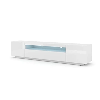 Abbildung von BIM Furniture Lowboard TV Schrank Aura 200 cm Hängend oder Stehen universal Unterschrank Fernsehschrank Board Sideboard HiFi Tisch Hängender (Weiss Mat/Weiss Hochglanz mit LED)