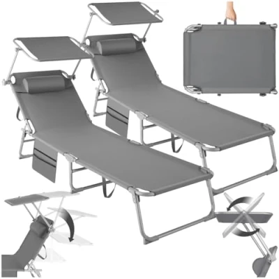 Abbildung von tectake® 2er Set Sonnenliege klappbar und tragbar, Liege mit Seitentasche, Strandliege, Gartenliege Dach, Liegestuhl Verstellbarer Rückenlehne, Kopfkissen für Balkon, Terrasse (grau)