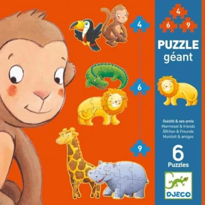 Abbildung von DJECO Bodenpuzzle „Dschungeltiere“ 6 Tierpuzzles in Silhouettenform, Riesenpuzzle 130 cm lang, ab 2 Jahren, FSC® Pappe, Lernspiel für Kleinkinder