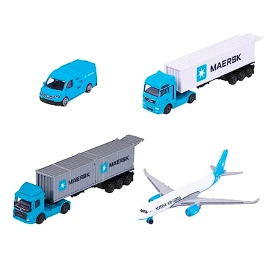 Abbildung von Majorette Maersk Transport Fahrzeug 1 Modellauto aus Metall (Volvo Container LKW, Man Truck oder Volkswagen Crafter mit Airbus A350 900), zufällige Auswahl, Spielzeug für Kinder ab 3 Jahre