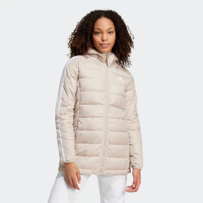 Abbildung von adidas Sportswear Essentials 3STRIPES Light DOWN Hooded Daunenmantel, Damen, Größe: Large, Beige