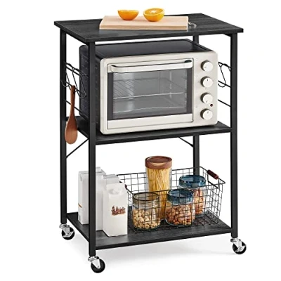 Abbildung von VASAGLE Küchenregal auf Rollen, Servierwagen mit 3 Ebenen, Küchenwagen, Mikrowellen Regal, für Mini Backofen, Toaster, Metallrahmen, 6 Haken, 40 x 60 89 cm, ebenholzfarben schwarz KKS060B42
