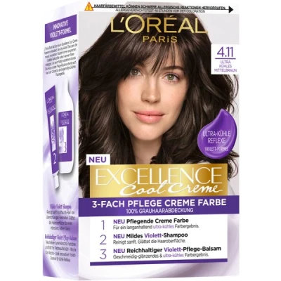 Abbildung von L&#039;Oréal Paris Permanente Haarfarbe mit Farbergebnis, 100% Grauhaarabdeckung, Set Coloration, Shampoo und Pflegecreme, Excellence Cool Creme, Nr. 4.11 Ultra kühles Mittelbraun (Braun)