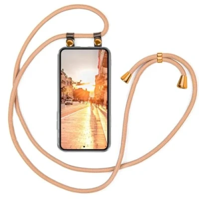Abbildung von moex Handykette kompatibel mit Samsung Galaxy S23 Hülle Band Längenverstellbar, Handyhülle zum Umhängen, Silikon Case Transparent Kordel Schnur abnehmbar in Gold