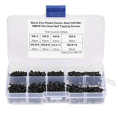 Abbildung von Blechschrauben Sortiment, Self Tapping Screws 400 Stück M2 / M2.6 Schwarz Linsenkopf Schrauben Set Assortment Pan Kopf Kit mit Box,aus rostfreier Stahl