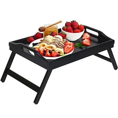 Abbildung von Betttablett, zusammenklappbare Beine mit Griffen, Frühstückstablett für Sofa, Essen, Zeichnen, Platten, Bambus, Serviertisch, Snacktablett (schwarz)