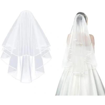 Abbildung von CICILIAYA Brautschleier Hochzeit Vails Damen Einfach Weiß Elfenbein Tüll Kurze Schleier Band Rand Mit Kamm für Bräute Dusche Junggesellinnenabschied Chucky Kostüm Dress Up Geschenk Abschlussball