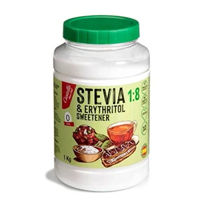 Abbildung von Stevia + Erythrit 1:8 Süßstoff 1g = 8g Zucker 100% Natürlicher Zuckerersatz 0 Kalorien Glykämischer Index Keto und Paleo Netto Kohlenhydrate Kein GVO Castello since 1907 1 kg