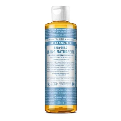 Abbildung von Dr. Bronners 18 IN 1 Naturseife Organic Flüssigseife Baby Mild ohne Duft Duschgel, Handseife, Shampoo und vieles mehr Mit Bio Ölen Fair Trade 240 ml