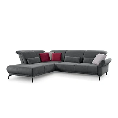 Abbildung von CAVADORE Ecksofa Cooper / Luftige Eckcouch mit Ottomane links, schwarzen Metallfüßen und feinem Cord Bezug 294 x 88 242 Cord, Dunkelgrau