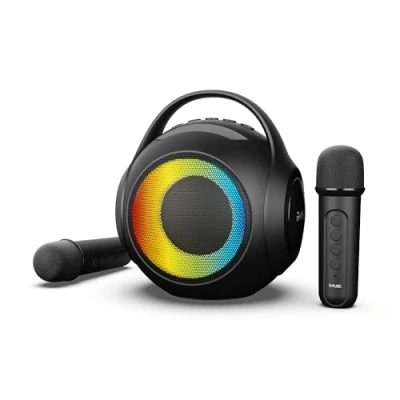 Abbildung von R MUSIC DuOLED kabelloser RGB Lautsprecher mit 2 Karaoke Mikrofonen AUX /Micro SD/USB Anschlüsse, 11 Lichtspiele, Mikrofone inklusive, Halterung für Smartphone, Stimmverzerrung