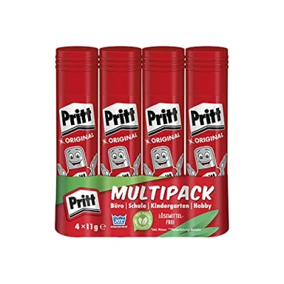 Abbildung von Pritt Klebestift, sicherer und kinderfreundlicher Kleber für Kunst Bastelarbeiten, starker Klebstoff Schule &amp; Bürobedarf, 4x11g Stift