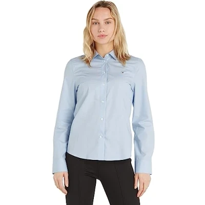 Abbildung von Tommy Hilfiger Damen Bluse Organic Regular Shirt Hemdbluse, Blau (Breezy Blue), 38
