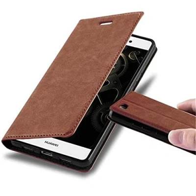 Abbildung von Cadorabo Hülle kompatibel mit Huawei P8 LITE 2015 aus Premium Kunst Leder Flip Klappbare Stoßfeste Magnetische [Standfunktion] [Kartenfächern] Cover für Tasche in Braun