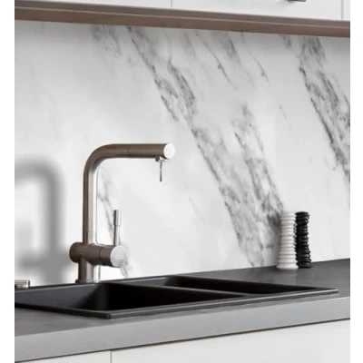 Abbildung von MyMaxxi Küchenrückwand Folie selbstklebend matt Versteift einfache Montage ohne Bohren Motiv Marmor weiß 60cm hoch Spritzschutz Küche Klebefolie Mauer Steine 80 x